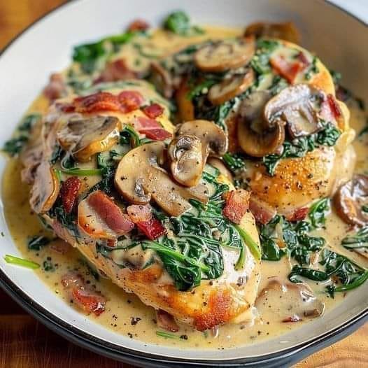 Air Fryer Chicken with Creamy Bacon Mushroom Sauce